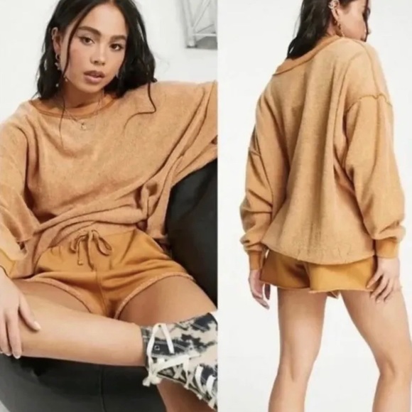 Free People Other - Free People Kelly Lounge Sweatshirt Short Set Cognac Size Medium NWOT